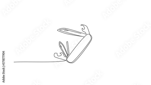 Animated self drawing of single continuous line draw multi purpose pocket knife for outdoor camping equipment. Multi function tool hover concept. Full length one line animation illustration. photo
