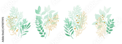Set of watercolor green leaves elements isolated on white background. Foliage collection of  branch, sugebrush leaves with gold splashes and line art. Botanical art design. Vector illustration. photo