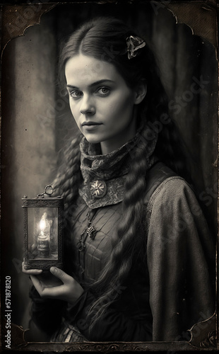 Mysterious young woman holding a lantern vintage style photograph Generative AI photo