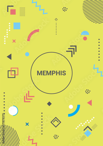 Memphis design elements on colorful background. Retro funky graphic, 90s trends designs and vintage geometric print illustration element. Memphis vector cover.	
