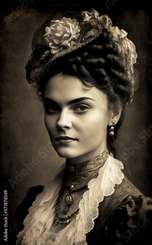 Aristocratic woman wearing Victorian clothes poses in a vintage style photograph Generative AI photo