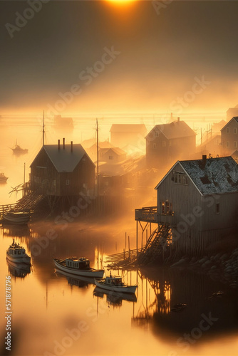 Northern fishing village, fictional digital art, digital art, generative AI