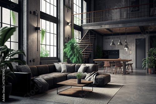 modern interior living room design, concrete architecture, industrial loft style, (Generative AI) © Kazia