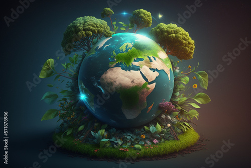 Green floral planet Earth  Earth Day concept background  Generative AI