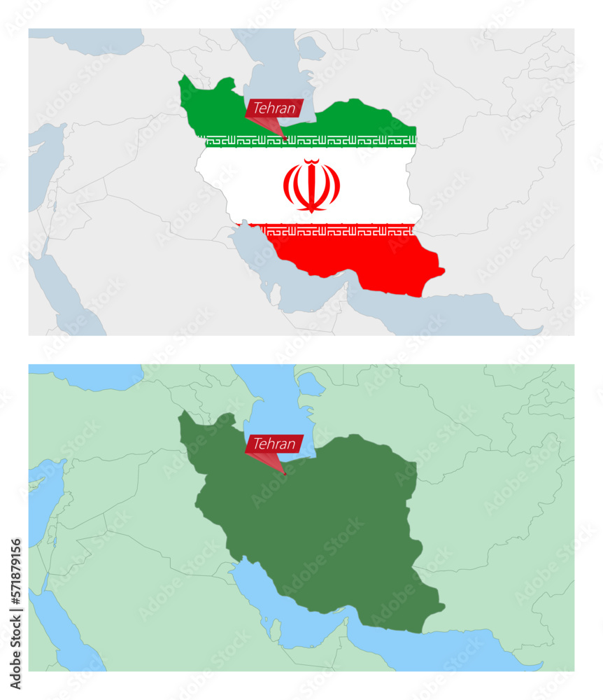 Iran map with pin of country capital. Two types of Iran map with