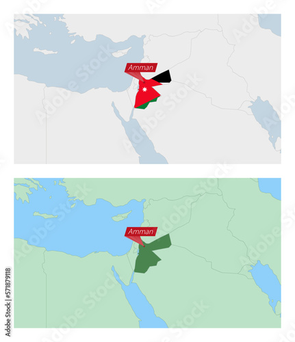 Jordan map with pin of country capital. Two types of Jordan map with neighboring countries.