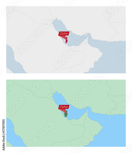 Qatar map with pin of country capital. Two types of Qatar map with neighboring countries.