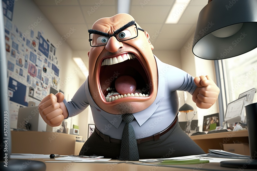 an illustration of an angry screaming male boss in an office as a ...