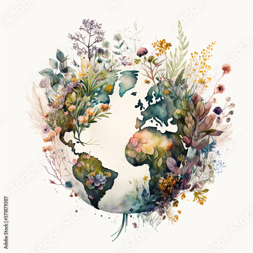 Fototapeta Naklejka Na Ścianę i Meble -  Watercolor floral planet Earth, Earth Day, Generative AI