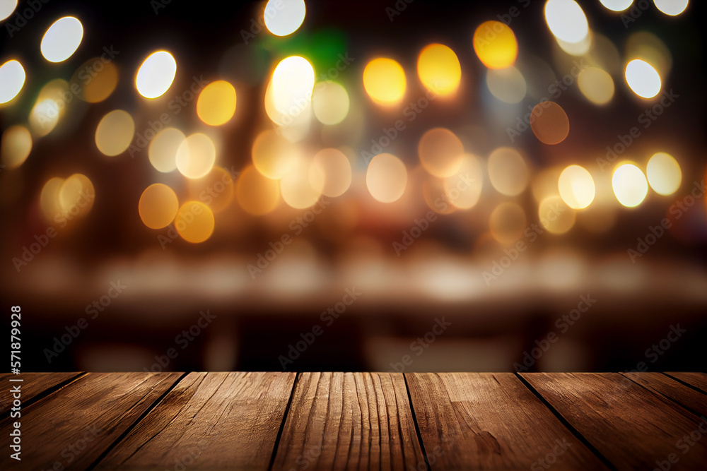 Empty wooden table for product placement with focus to the table top, blurred bokeh background, Generative AI