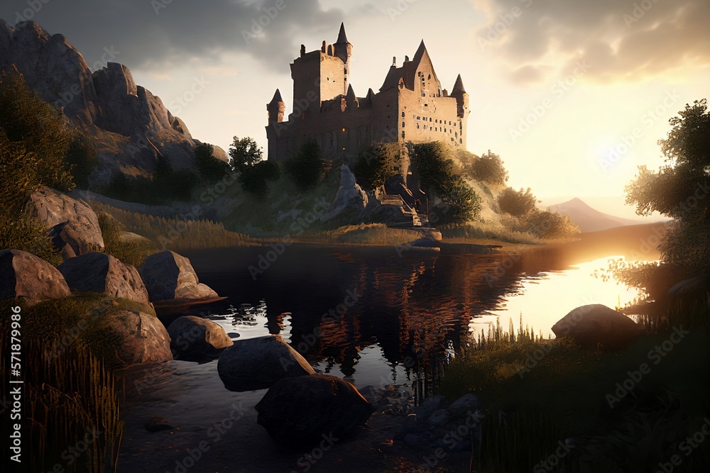 Morning landscape with castle by the lake made with generative ai
