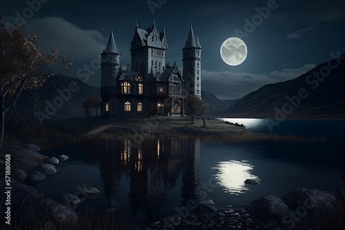 night landscape with castle by the lake and moon made with generative ai