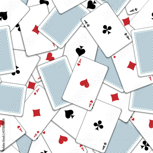 Pattern with playing cards. Playing cards scattered on the table. Suits of playing cards. Spades, Hearts, Clubs, Diamonds.