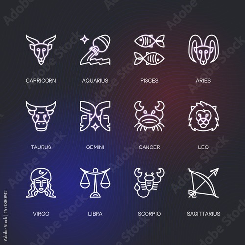 Zodiac horoscope astrological thin line label linear design esoteric stylized elements symbols signs. Vector illustration icons