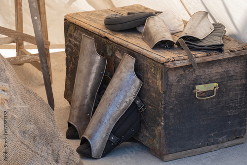 Medieval festival show, historical performance. Weapons, armor, utensils and objects of medieval life.