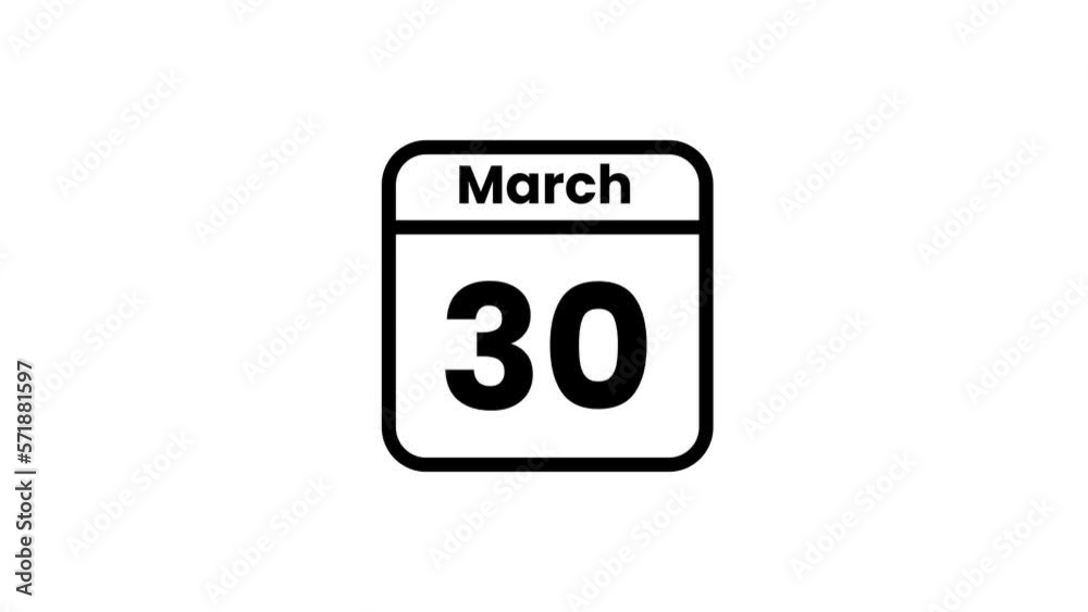 30 March calendar icon animation. Luma matte with transparent background 4K resolution