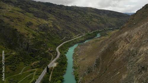 Aerial view of the river that flows from Cromwell to Roxburgh, New Zealand. Where cycling tour takes part. photo