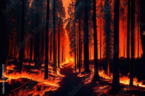 Generative AI illustration of hot blazing fire destroying woods