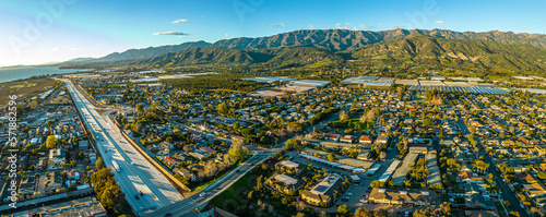 Highway 101 Carpinteria. Coast Road close to Santa Barbara. Aerial Panorama photo