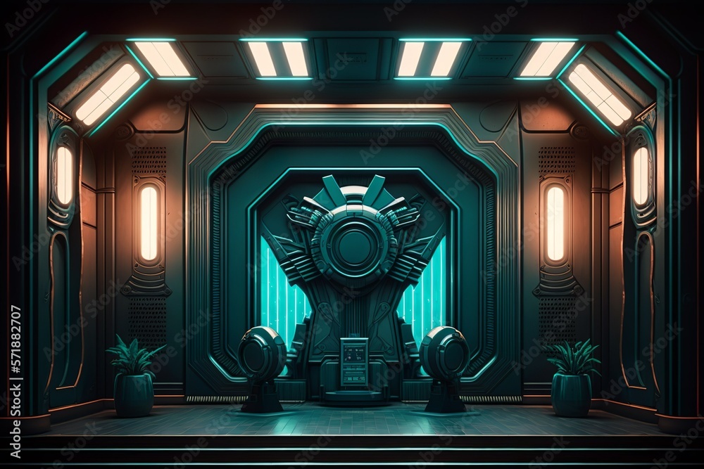 Dark scifi cyberpunk computer room with terminal screen device and