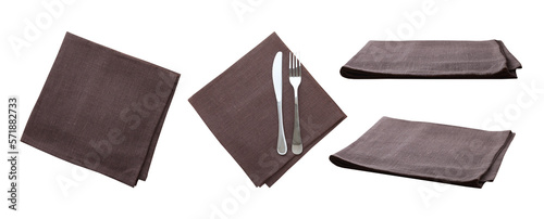 Dark rough crumpled and smooth linen napkins isolated on white. set