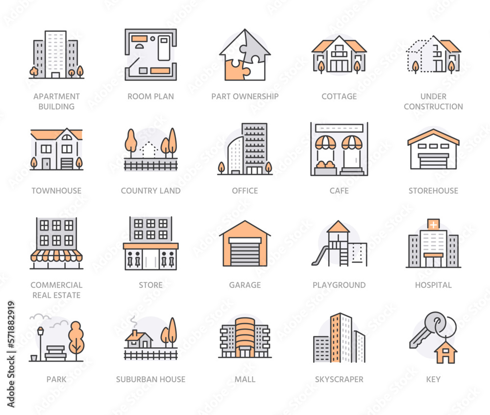Real estate flat line icons set. House sale, commercial building