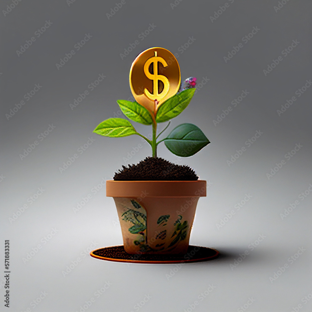 Pot of plant with gold coin flower png Images.Finance and Investment