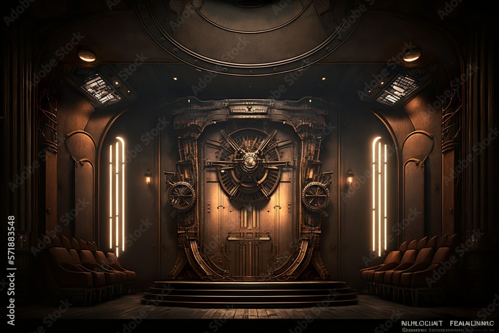Dark scifi art deco victorian theater hall interior full of mechanical steampunk decoration and