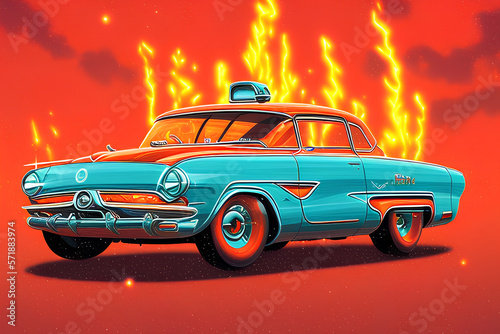 A car with flames, retro, with red and orange colors and vintage style.