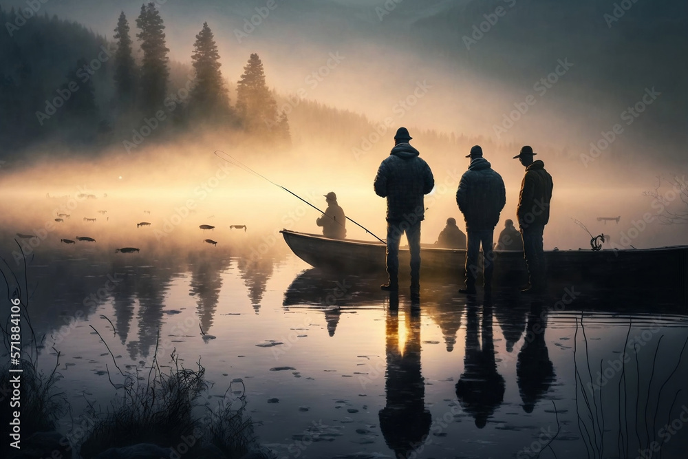 fishing on the lake or in the river on a boat, generative ai