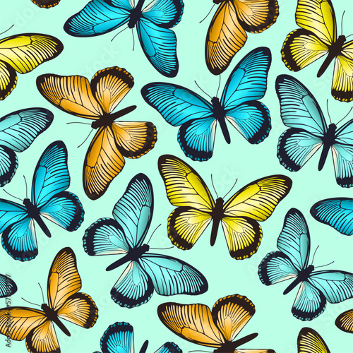 Pattern with butterflies. Butterflies on a turquoise background. Summer design.