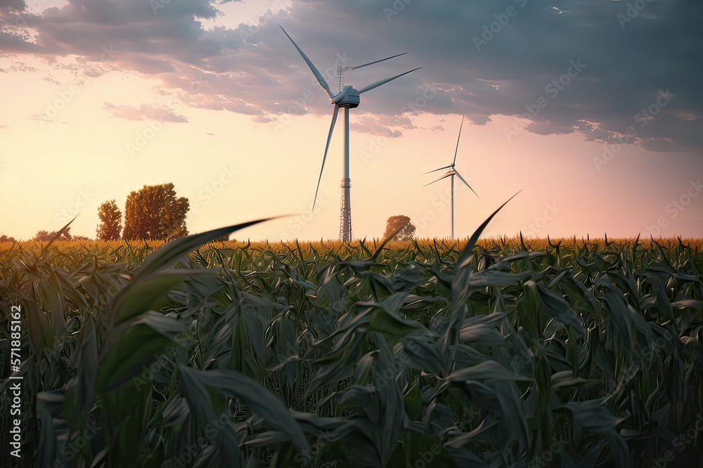 Wind turbine in cornfield at sunset. Photo generative AI. Wind turbine in cornfield at sunset. Photo generative AI.