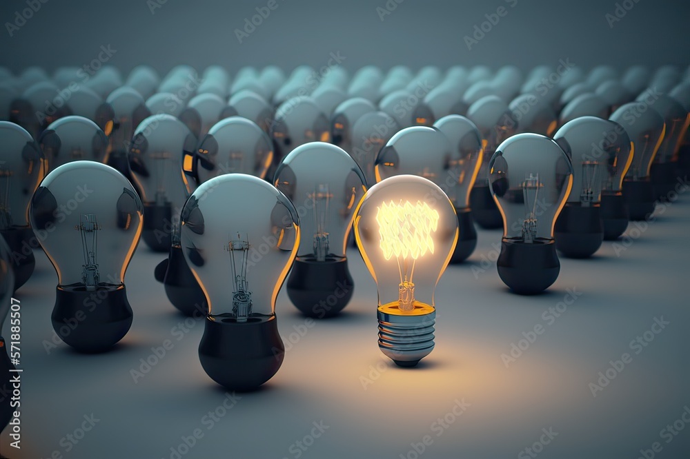 Glowing light bulb stands out. Photo generative AI. - obrazy, fototapety, plakaty 