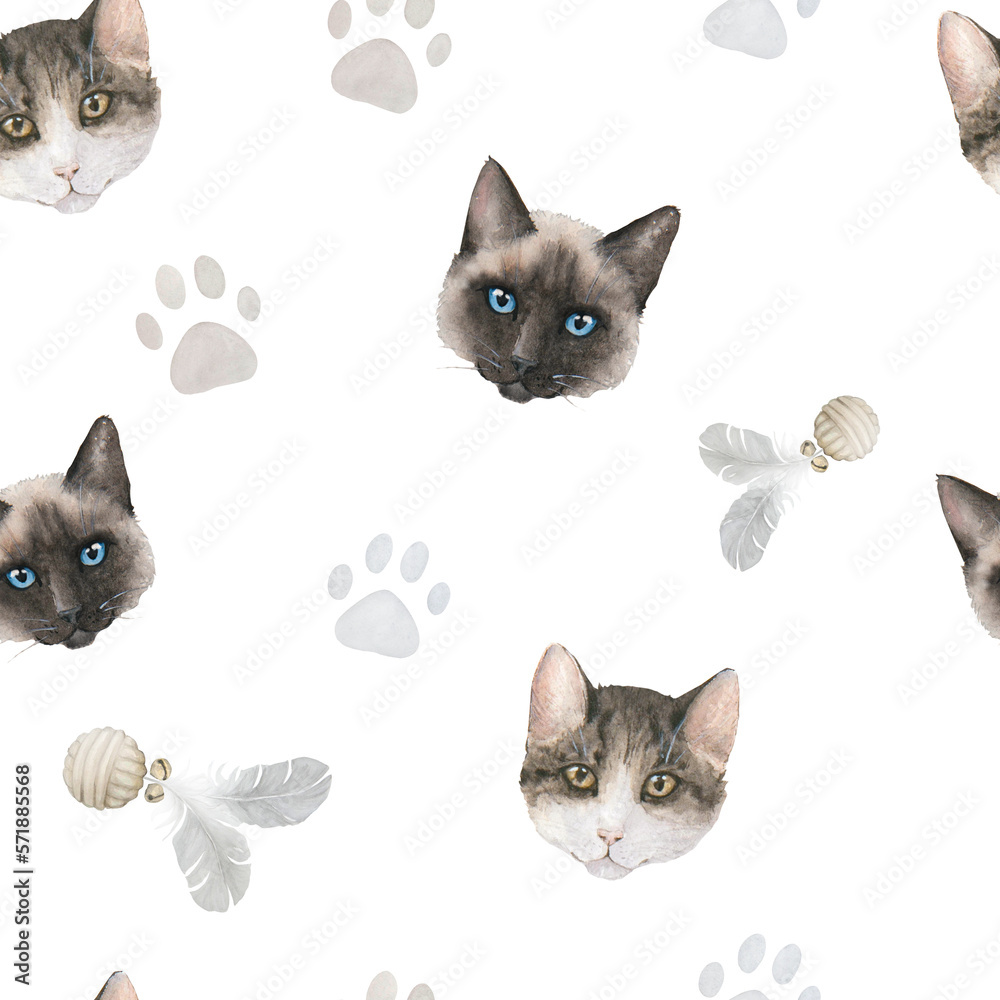 Seamless watercolor pattern with pastel paw prints, toys, cats' heads on white background