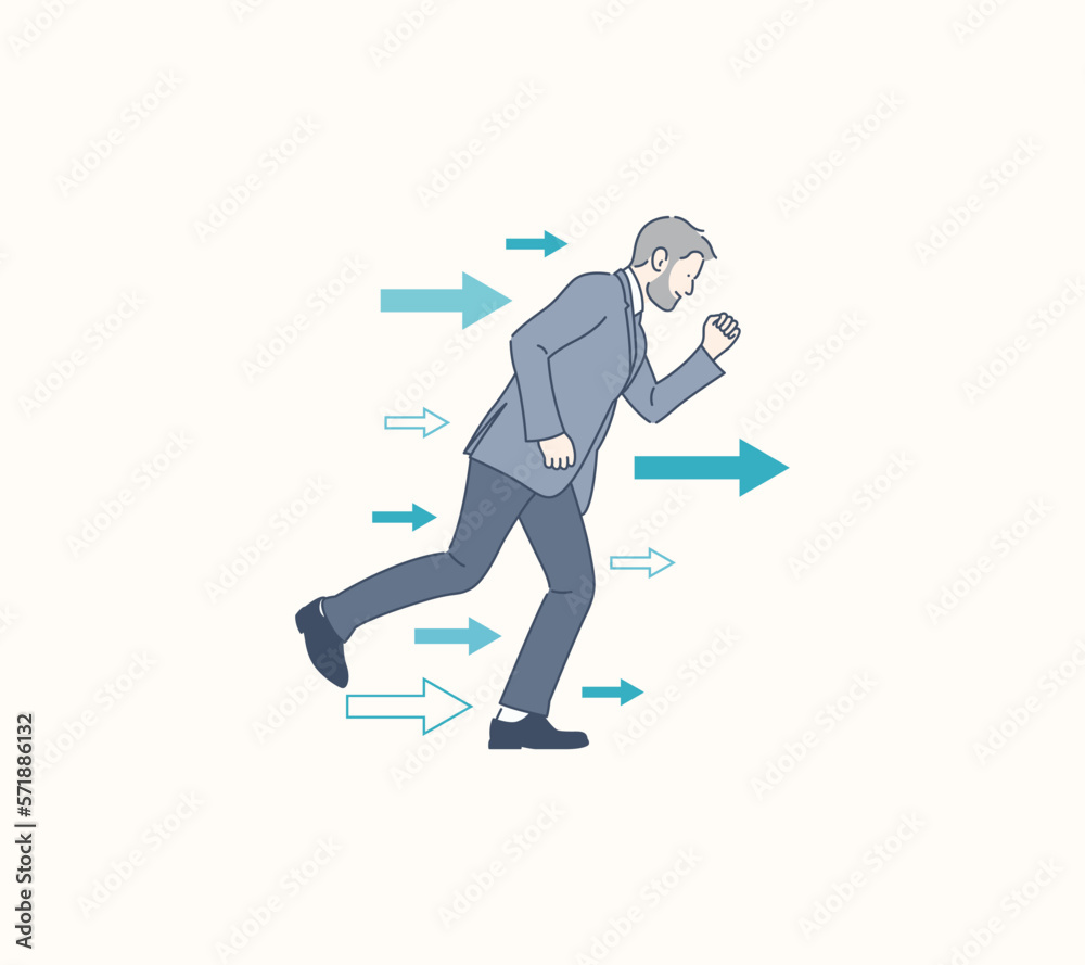 Leader step forward pushed by arrow, hand drawn style vector design illustration