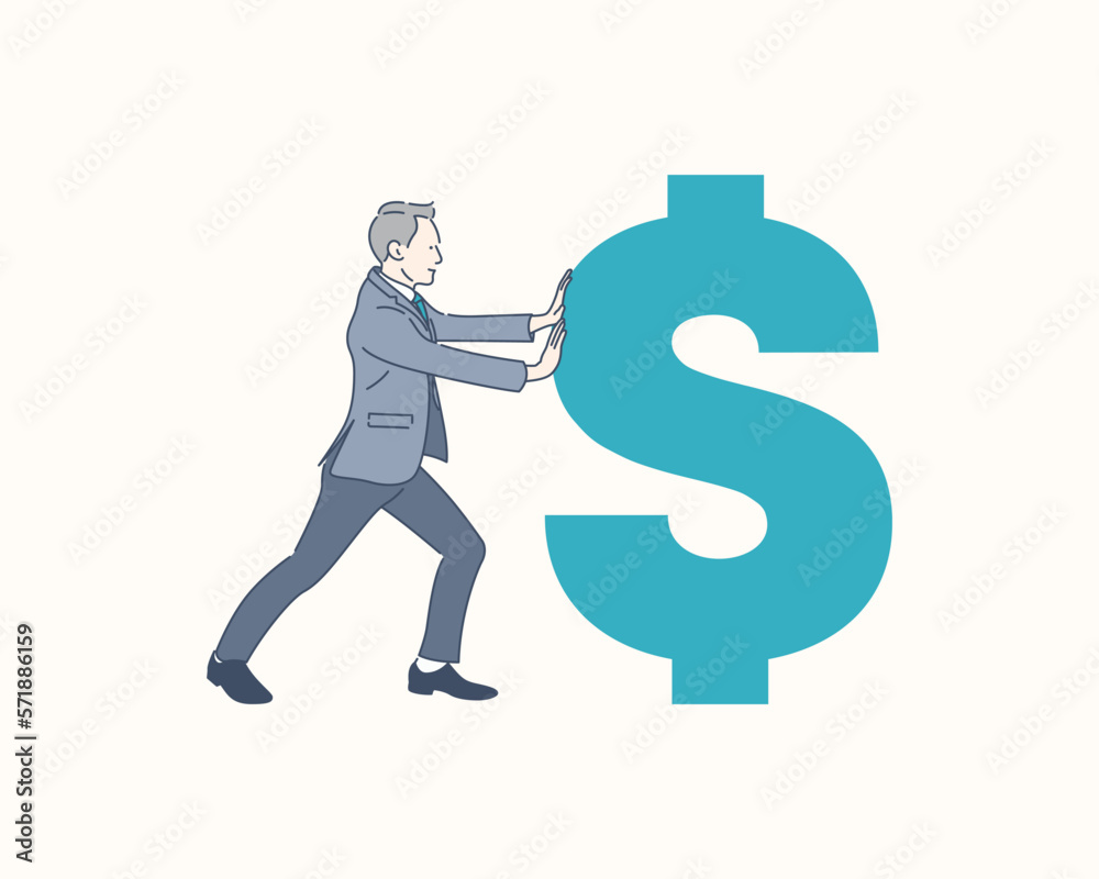 Businessman pushing dollar sign, income increase. hand drawn style vector design illustration Businessman pushing dollar sign, income increase. hand drawn style vector design illustration
