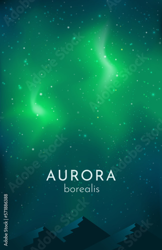 Arctic aurora in the night sky. Aurora Borealis. Flat vector illustration. Mountain landscape. Design for cover, background, postcard.