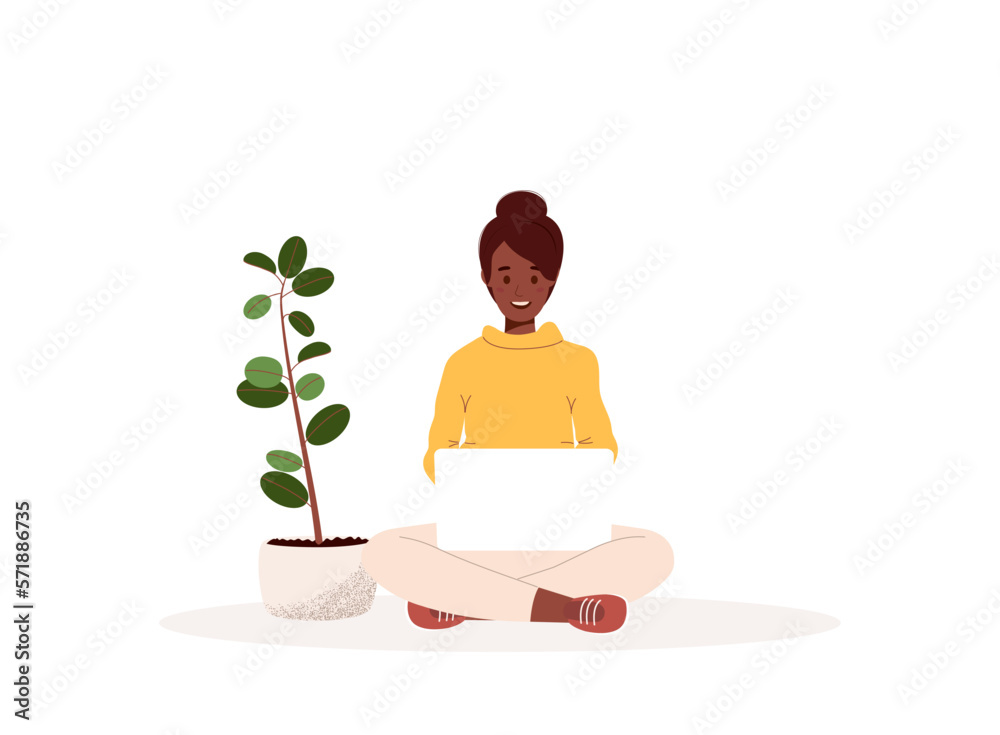 African American woman sitting cross-legged with a laptop working, studying or freelancing. Virtual office work concept.Vector illustration in flat style isolated on white background African American woman sitting cross-legged with a laptop working, studying or freelancing. Virtual office work concept.Vector illustration in flat style isolated on white background