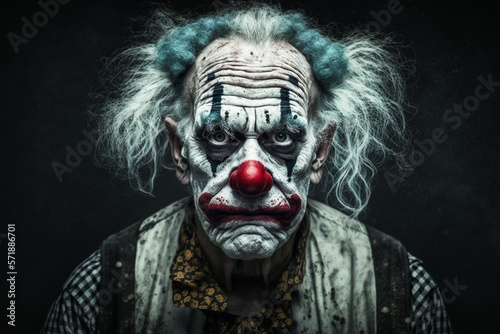 Headshot of a sad clown on a dark background