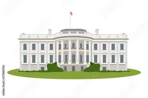Vector graphics of the South side of the facade isolated in white background. White house Washington DC. Realistic illustration of a backyard.