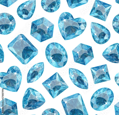 Pattern with blue crystals on a white background. Stones of various shapes. Jewelry.
