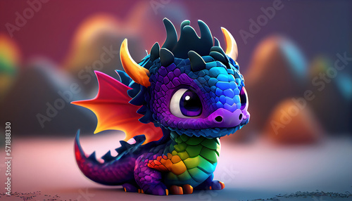 Illustration of a chibi dragon on blurred background. Generative AI.