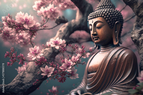 Buddha statue,  cherry blossom, Mediation and zen concept, religion, spiritual, pacific, generative ai photo