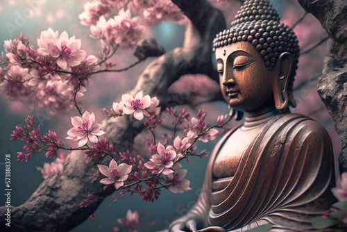 Buddha statue,  cherry blossom, Mediation and zen concept, religion, spiritual, pacific, generative ai