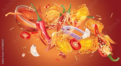Spicy fried chicken nuggets with red chili and vegetable ingredients splashing on solid color background, Vector realistic in 3D illustration. Food concepts.