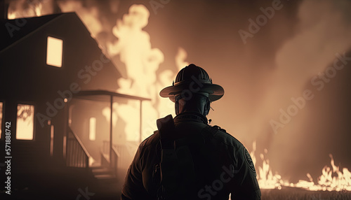 A firefighter puts out the fire, rescue. Generative AI.