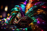 Carnival mask decorated with feathers colored beads and colored lights.Generative AI