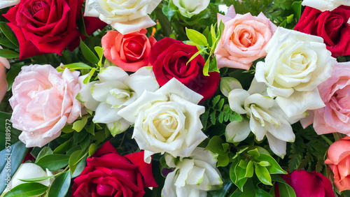 Colorful fresh roses or multi-colored roses background. A beautiful bouquet of roses for valentines