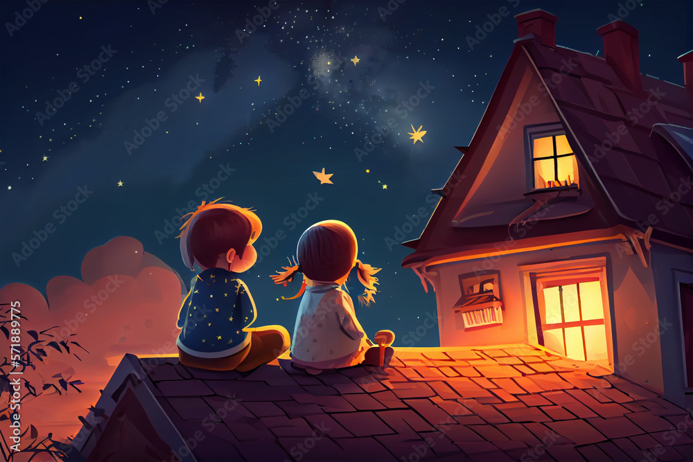 Children at night watching stars in the blue sky Stock Photo Adobe Stock