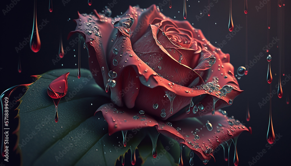 drops of water drip on a rose. Generative AI